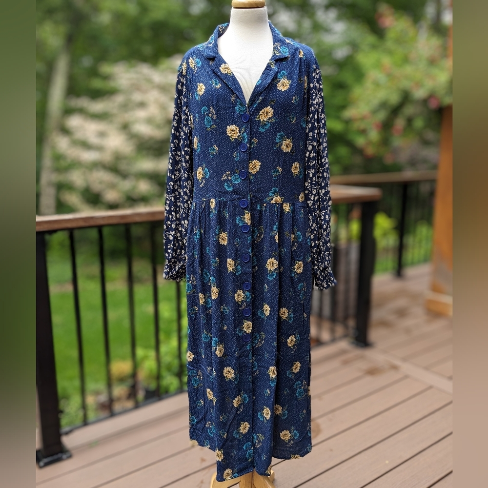 Blue Floral Button Front Maxi Dress with Pockets